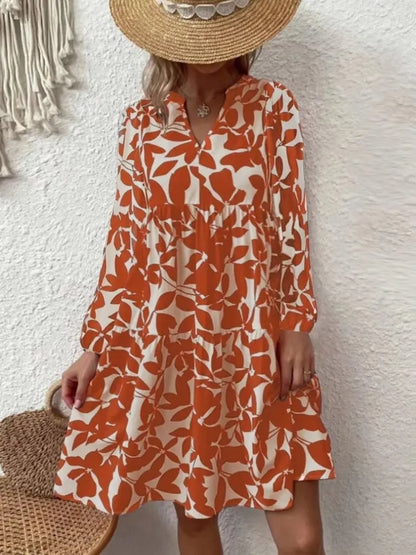 LM | 2024 Ladies Summer Elegant V-Neck Pleated Line Sundress Boho Print Mini Dress Casual Loose Oversize Beach Sundress