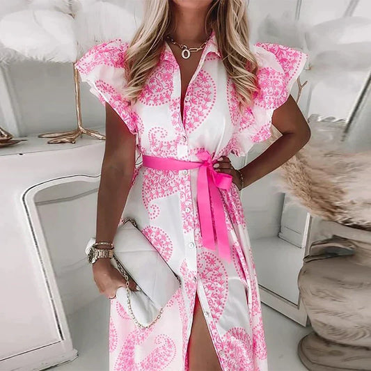LM | Midi dress with flounces, short sleeves, V-neck, printed with buttons