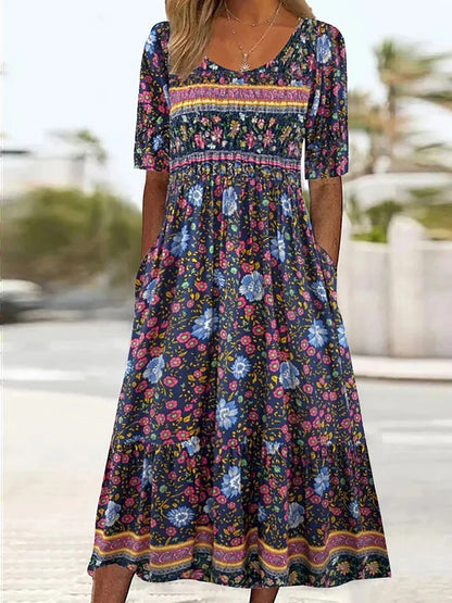 LM | 2025 summer new women bohemia loose fashion print round neck short sleeve long dress