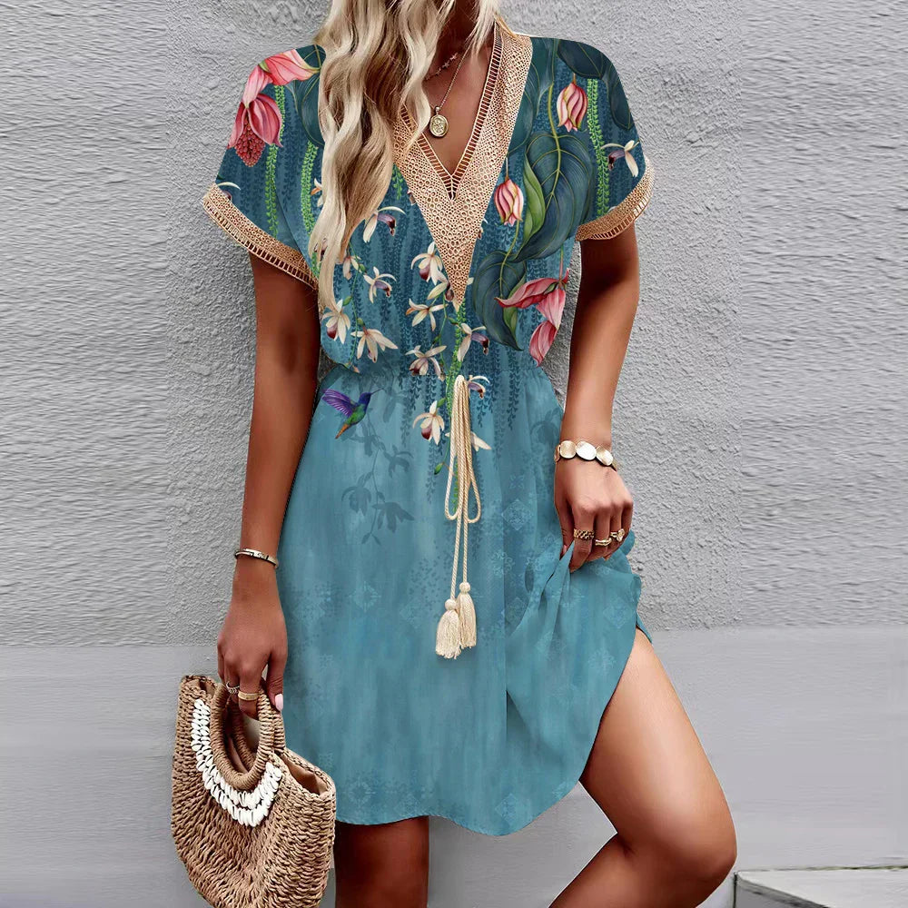 LM | 2024 New European and American spring/summer dress with printed batwing sleeves, lace, V-neck, waist, short sleeves, medium length
