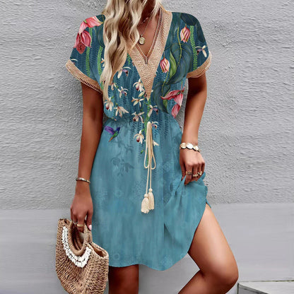 LM | 2024 New European and American spring/summer dress with printed batwing sleeves, lace, V-neck, waist, short sleeves, medium length