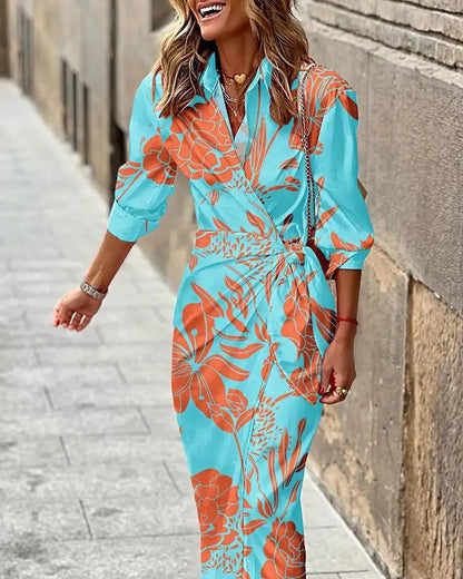 LM | 2024 AliExpress European and American cross-border new fashion printed shirt collar lace-up midi striped dress