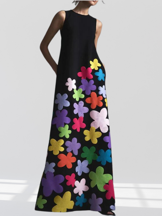 LD | Zwarte maxi-jurk met bloemenprint en ronde halslijn