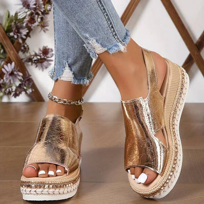 LD | Metallic Leren Wedge Sandalen
