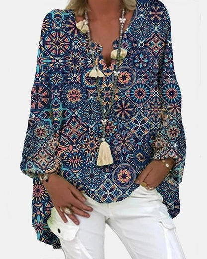 LM Geometric printed long sleeve V-neck casual blouse for women