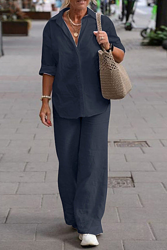 LD tweedelige set kapel lange mouwen shirt casual effen broek met wijde pijpen pak