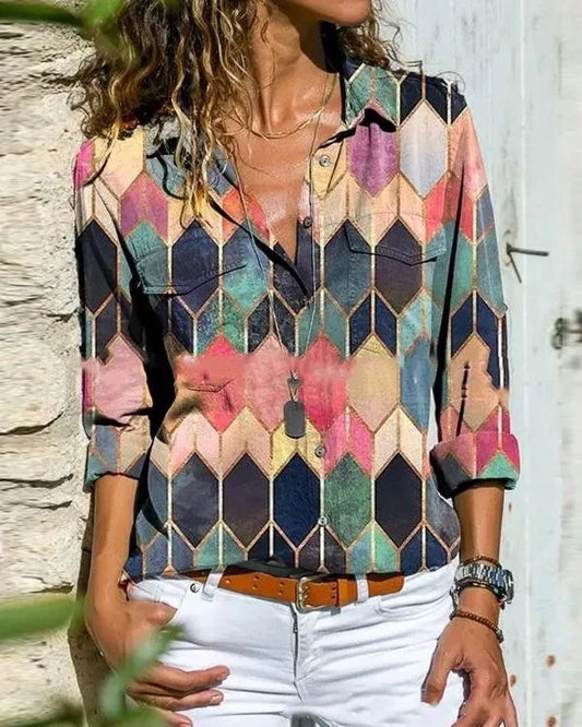 LM color block casual collar long sleeves blouses