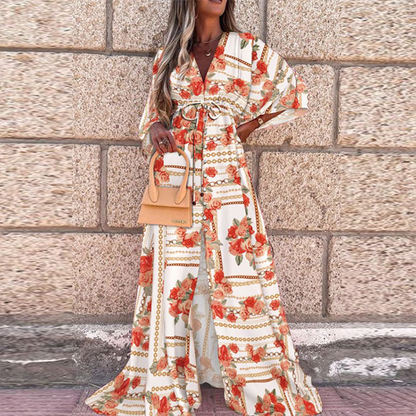 TS | Boho beach dress with sweetheart neckline, batwing sleeves, long cut and print