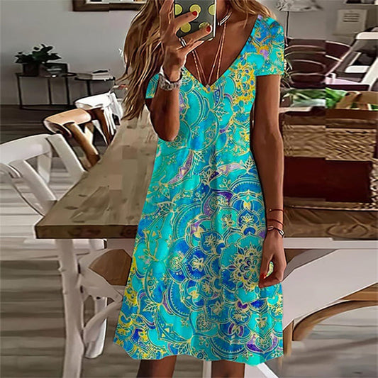 TS | Ocean blue knee-length mini dress with mandala print and short sleeves