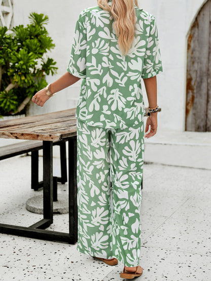 LD | Nieuwe vrouwen casual mode gedrukte revers korte mouwen shirt en broek vakantie pak
