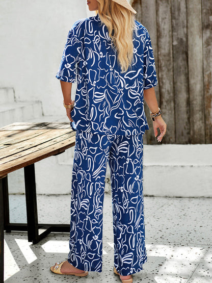 LD | Nieuwe vrouwen casual mode gedrukte revers korte mouwen shirt en broek vakantie pak