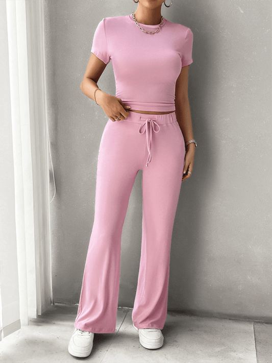 LD | Dames Casual Fitted Crop Top Shirt en Broek Set