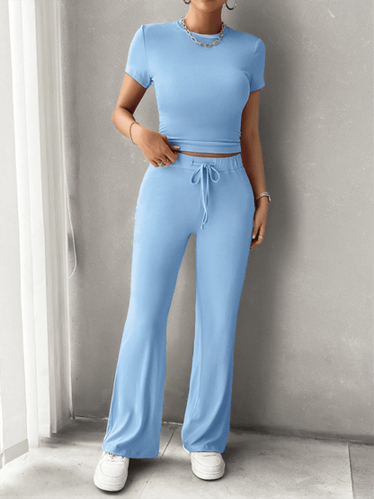 LD | Dames Casual Fitted Crop Top Shirt en Broek Set