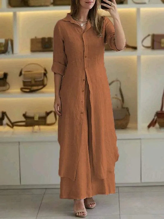 LD | Lang ensemble met geknoopte maxi shirt met lange mouwen en vloeiende broek