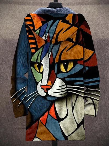 TS | Fleece-lined hooded jacket with artistic cat print