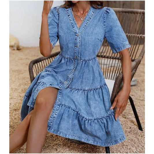 LM | Chambray mini dress with ruffles and button fastening in denim