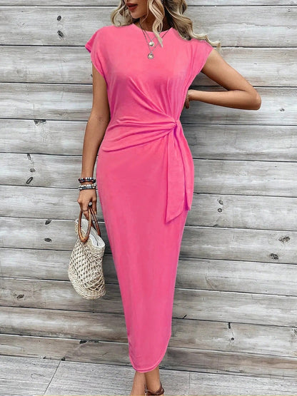 LM | Casual maxi dress with round neckline to tie at the front