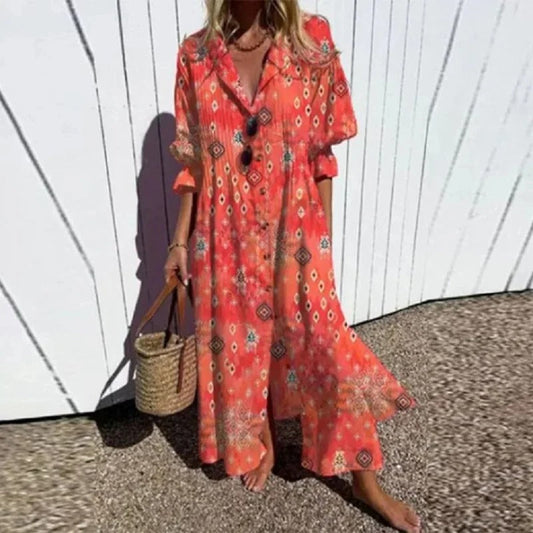 LM | 3/4-sleeve maxi dress with V-neckline