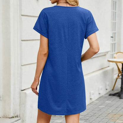 LM | Elegant pleated summer mini dress with V-neckline