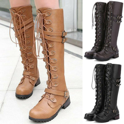 LM | Women's boots in Roman style with lacing up to the knee and platform soles