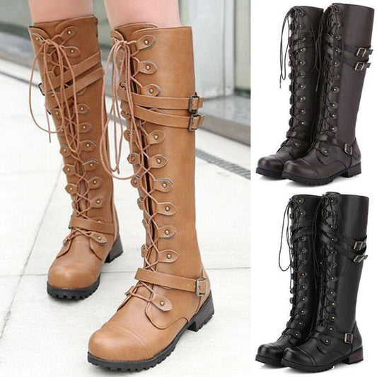 LM | Women's boots in Roman style with lacing up to the knee and platform soles