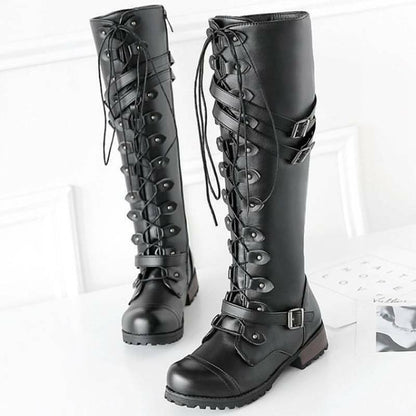 LM | Women's boots in Roman style with lacing up to the knee and platform soles