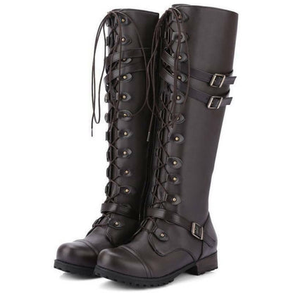 LM | Women's boots in Roman style with lacing up to the knee and platform soles