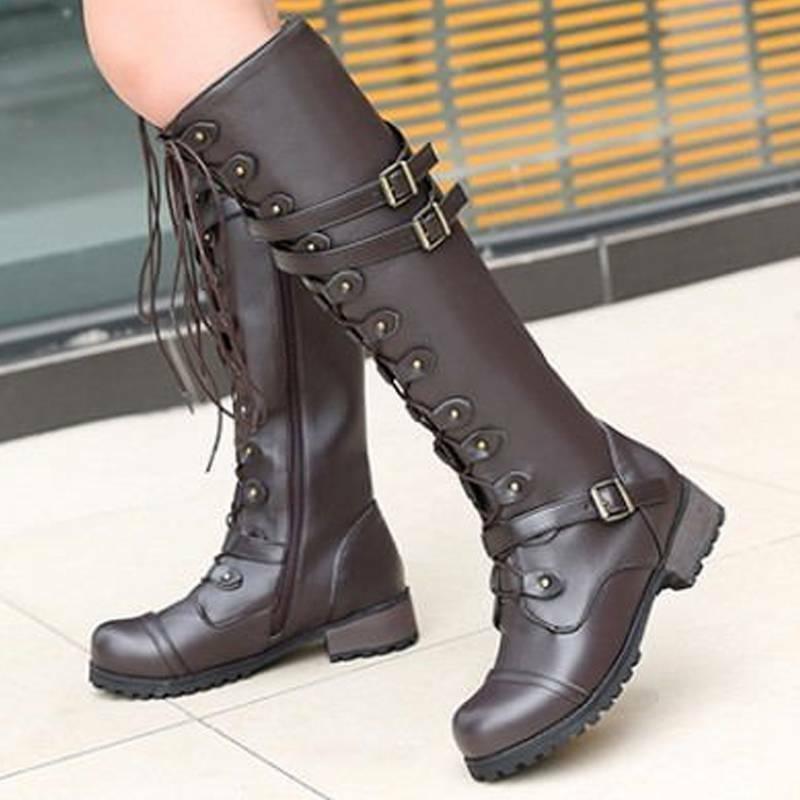 LM | Women's boots in Roman style with lacing up to the knee and platform soles