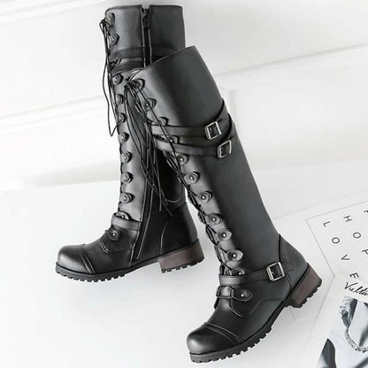 LM | Women's boots in Roman style with lacing up to the knee and platform soles