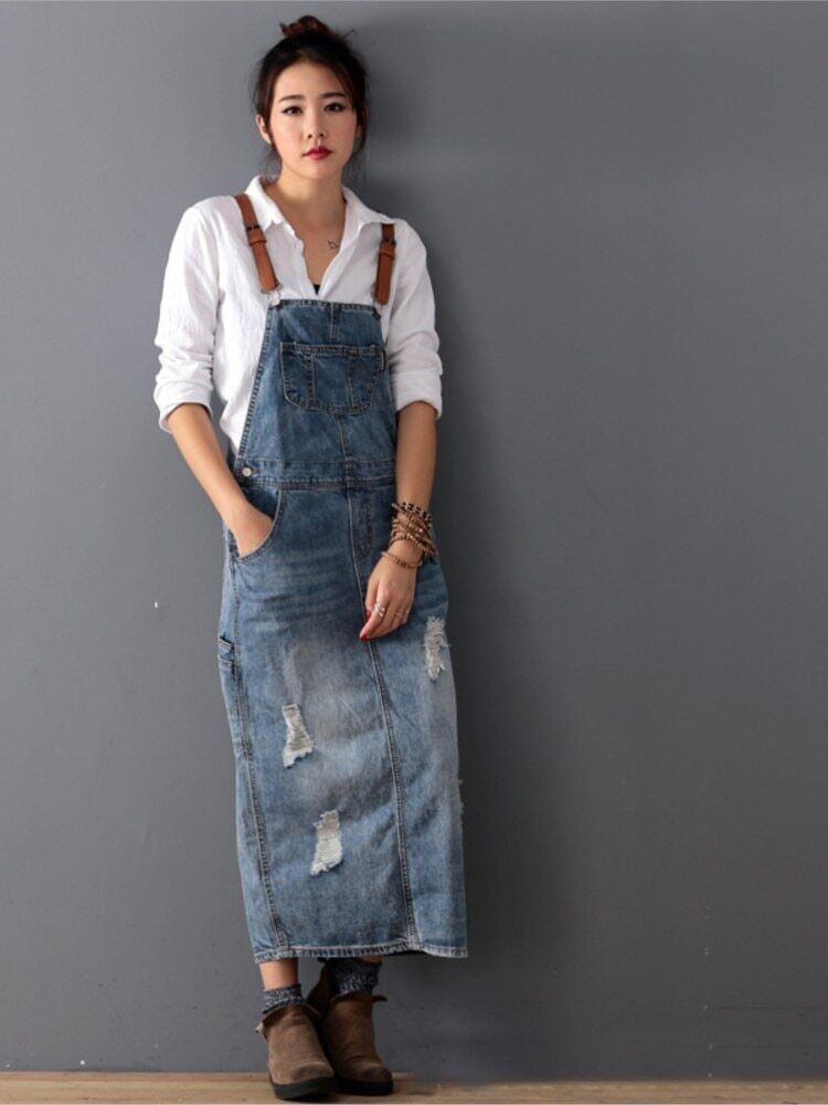 LM | Ripped denim jumpsuit dress
