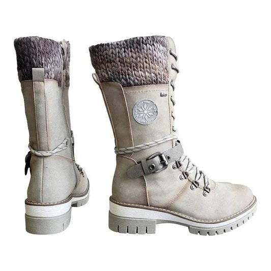 LM | Winter boots with buckles, lace and knitted pattern in the middle of the calf