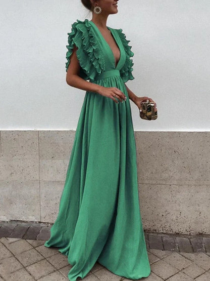LM | Elegant dress with V-neck and ruffled sleeves