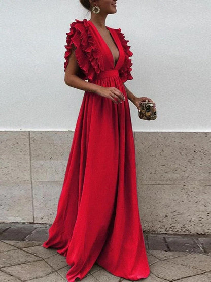 LM | Elegant dress with V-neck and ruffled sleeves
