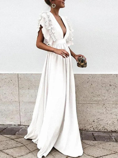 LM | Elegant dress with V-neck and ruffled sleeves