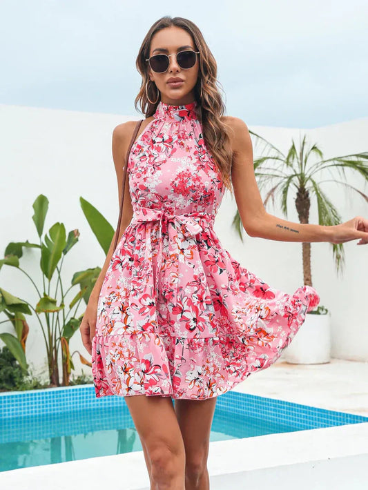 LM | Halter neck mini dress with floral pattern